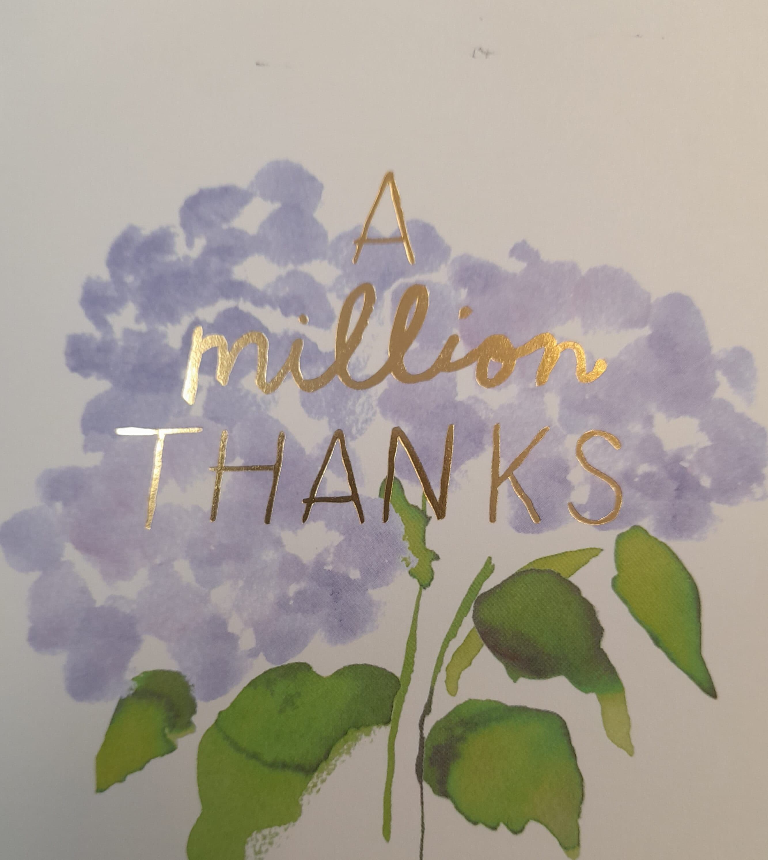 A watercolor hydrangea with gold text reading "A million thanks. - Home Instead