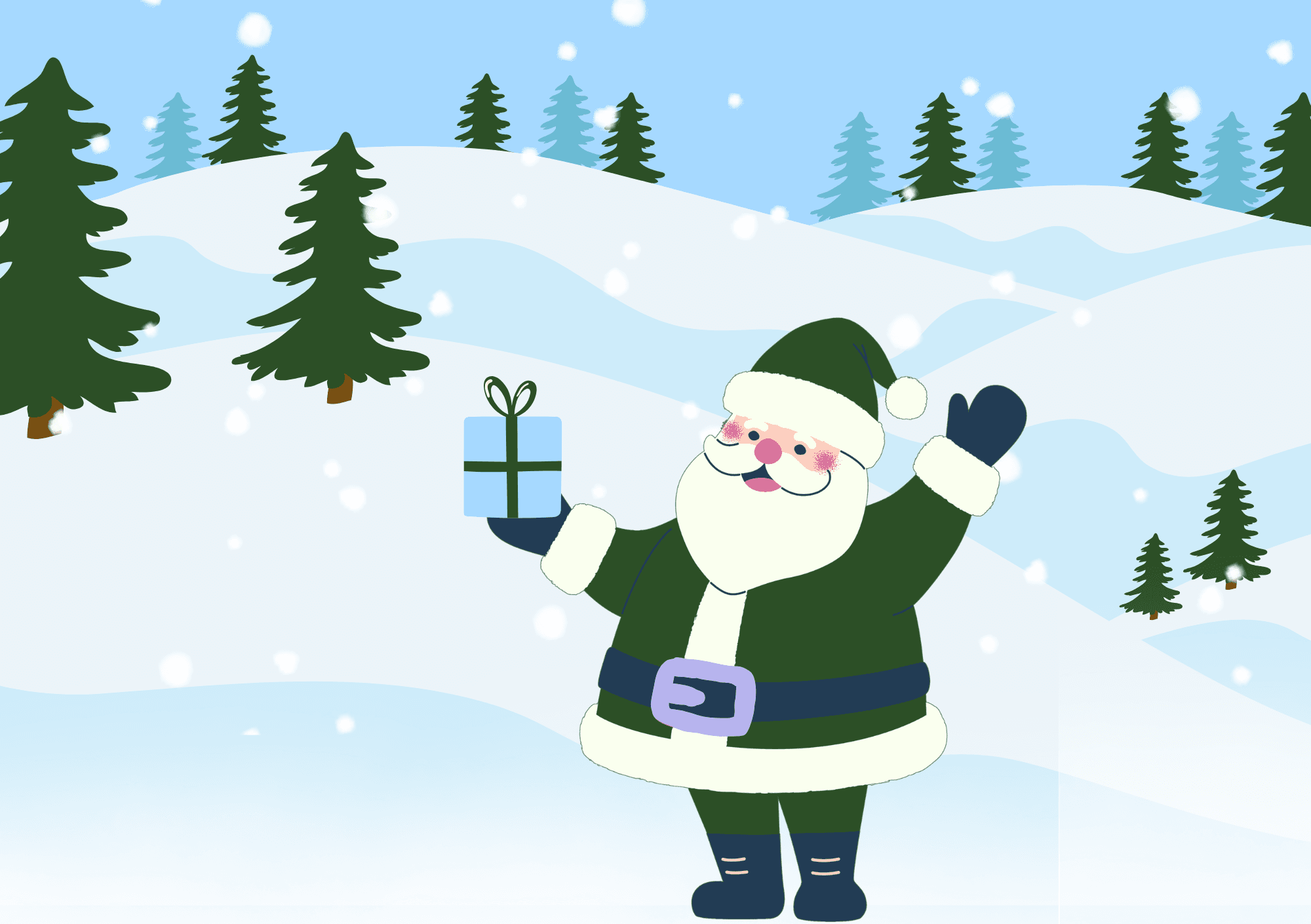 Illustration of Santa Claus in green holding a gift w on a snowy landscape with pine trees and falling snow.