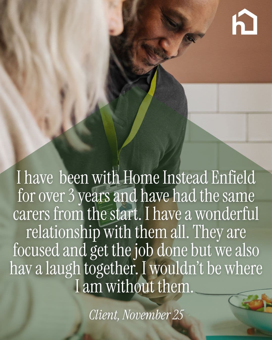 A man and a woman smile and prepare food together in a kitchen, with a testimonial overlay on the image. - Home Instead