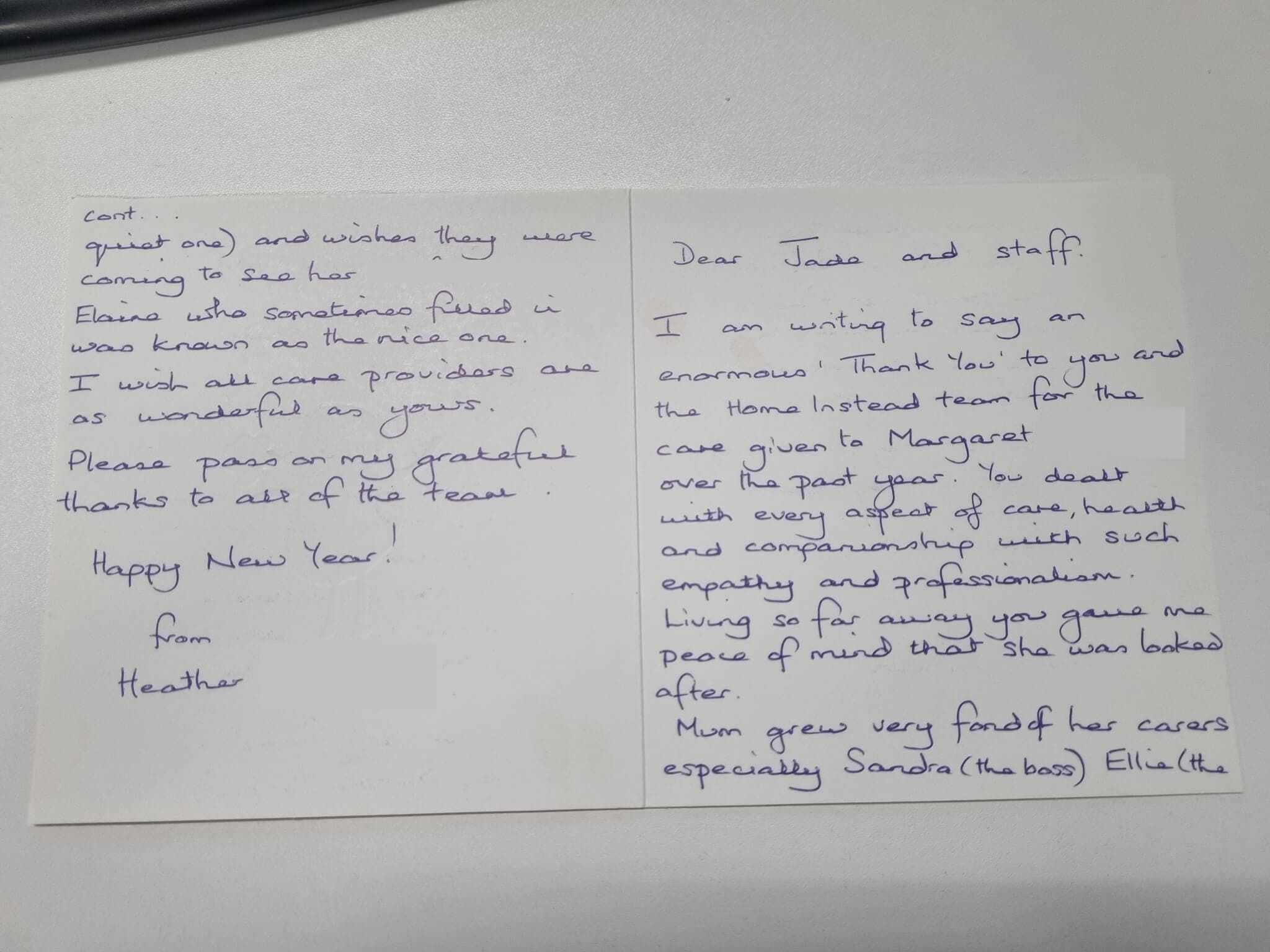 Two handwritten cards expressing thanks and well-wishes to the Home Instead care team and specific staff members. - Home Instead