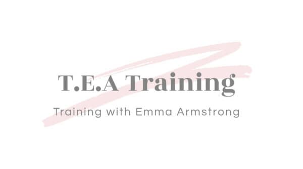 T.E.A Training logo with text "Training with Emma Armstrong" and a pink brushstroke in the background. - Home Instead
