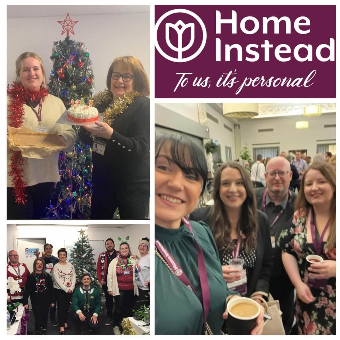 A collage of people at a festive event with Christmas decorations and a "Home Instead" logo in the top right corner. - Home Instead