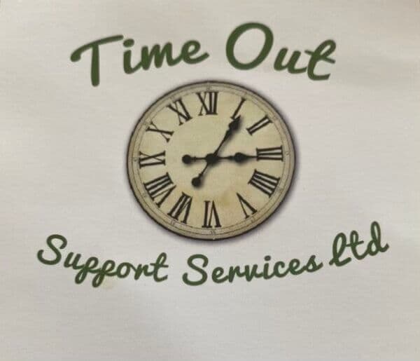 Logo with an antique clock in the center and the text "Time Out Support Services Ltd" written around it. - Home Instead