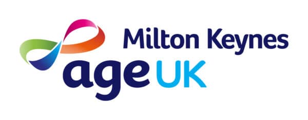 Milton Keynes Age UK logo with a colorful ribbon design and bold blue text. - Home Instead