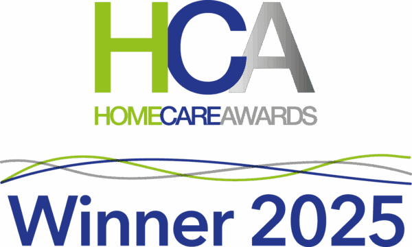 HCA Home Care Awards Winner 2025 logo with green, blue, and gray text and wavy lines. - Home Instead