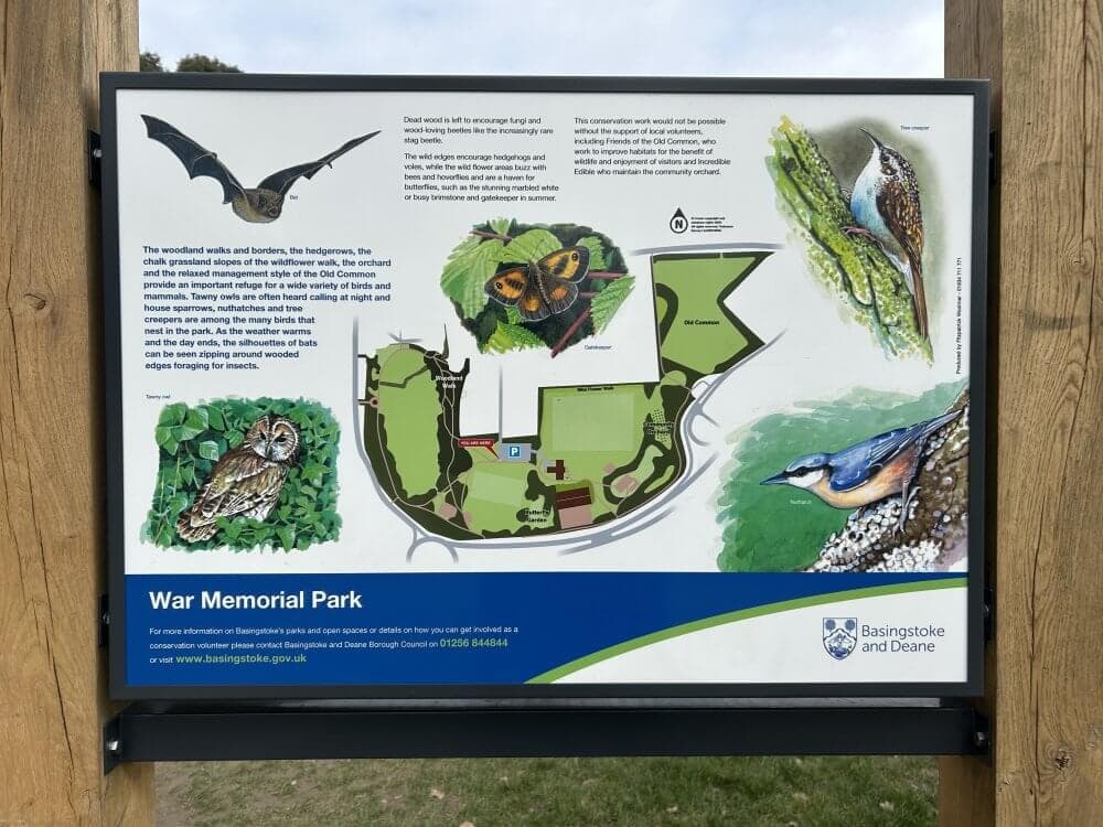 Home Instead picture of informational display board at War Memorial Park featuring a map, wildlife illustrations, and park information