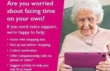 Elderly woman holding a tablet, with text offering support services such as shopping assistance and companionship calls. - Home Instead