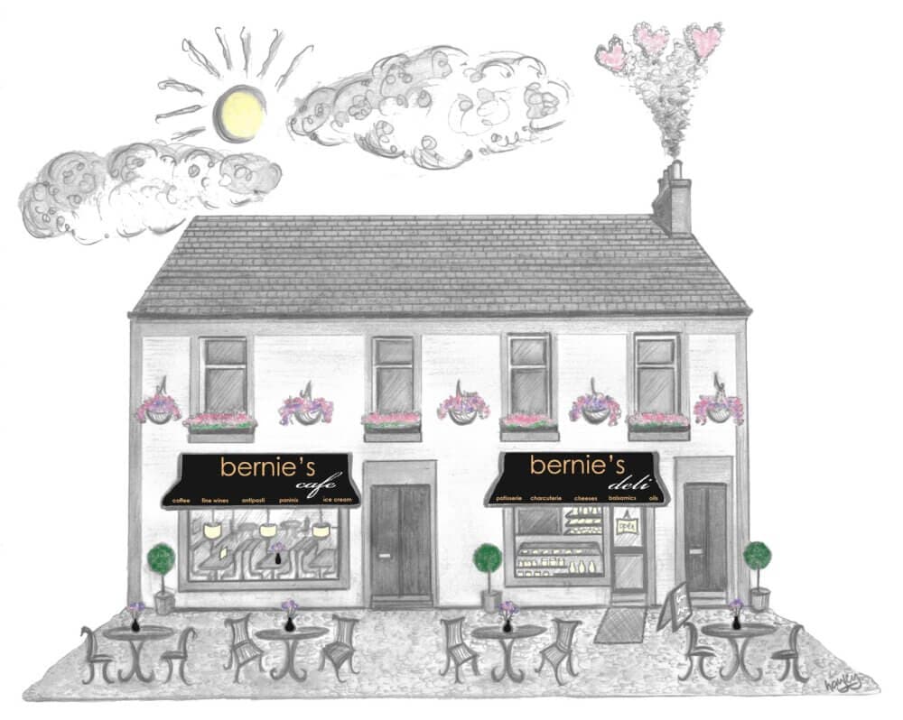 Bernie's Cafe Deli, Bridge of Weir - Illustration of a quaint café and deli with outdoor seating, floral decorations, and whimsical heart-shaped smoke clouds. - Home Instead Renfrewshire and Barrhead home care services