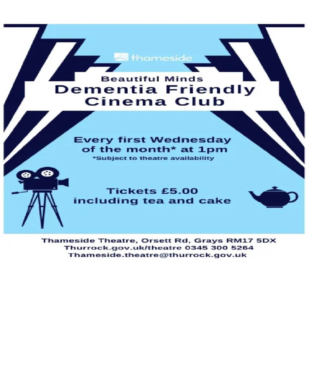 Poster for "Beautiful Minds Dementia Friendly Cinema Club" with event details, price, and contact information. - Home Instead