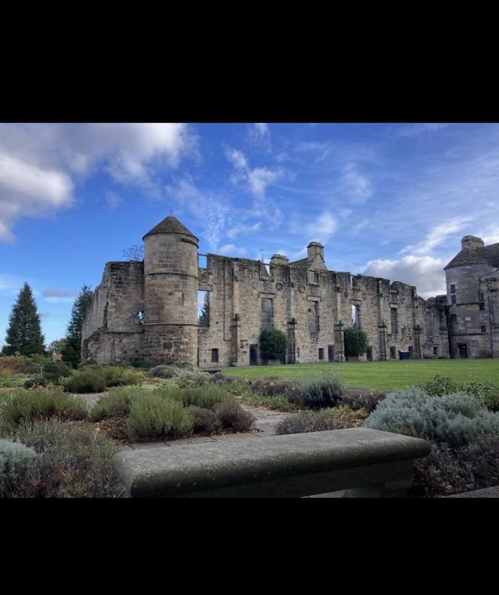Ruins of an old castle with towers, surrounded by lush greenery and a clear blue sky in the background. - Home Instead