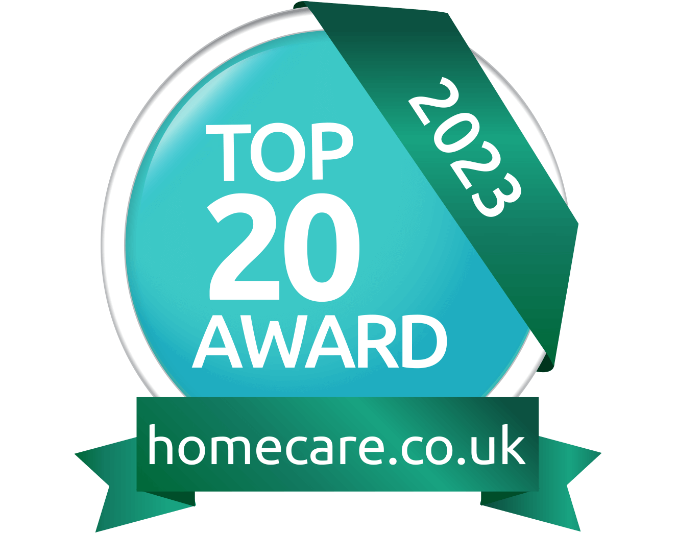 Badge labeled "Top 20 Award 2023" from homecare.co.uk with a teal background and green ribbon. - Home Instead