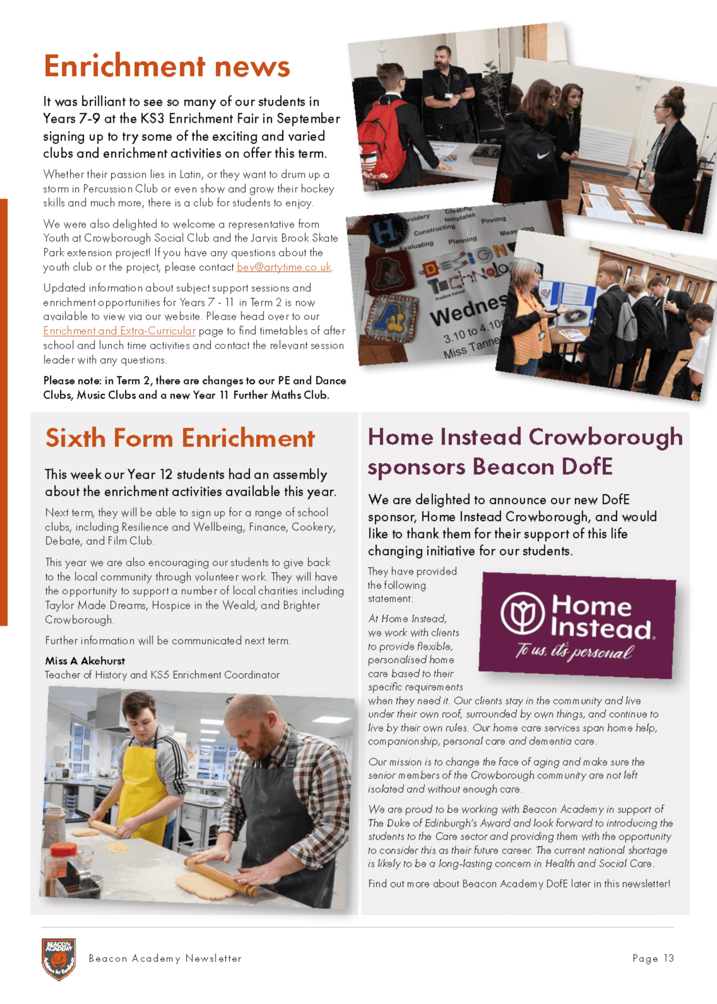 A newsletter page with articles about student enrichment news, Sixth Form enrichment, and sponsorship from Home Instead Crowborough. - Home Instead