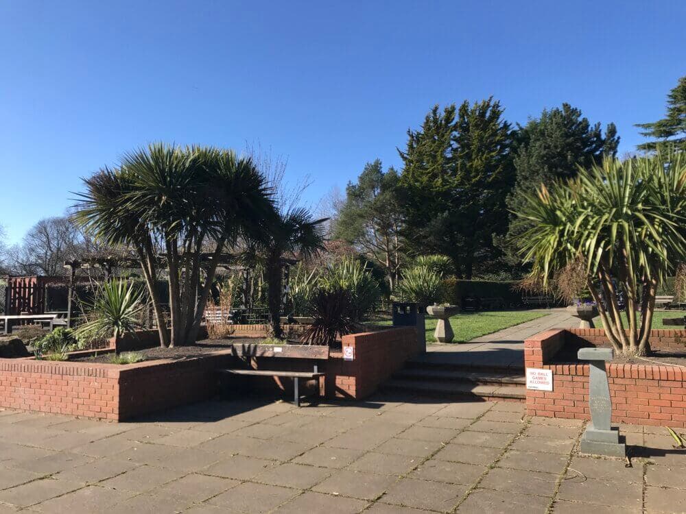 A sunny garden with palm trees, brick planters, benches, and a paved walkway surrounded by greenery. - Home Instead