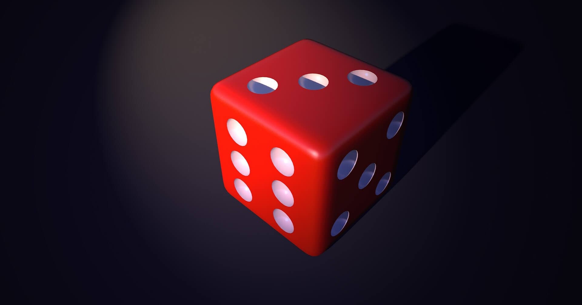 A red six-sided die with six dots faces upward, casting a shadow on the dark background. - Home Instead