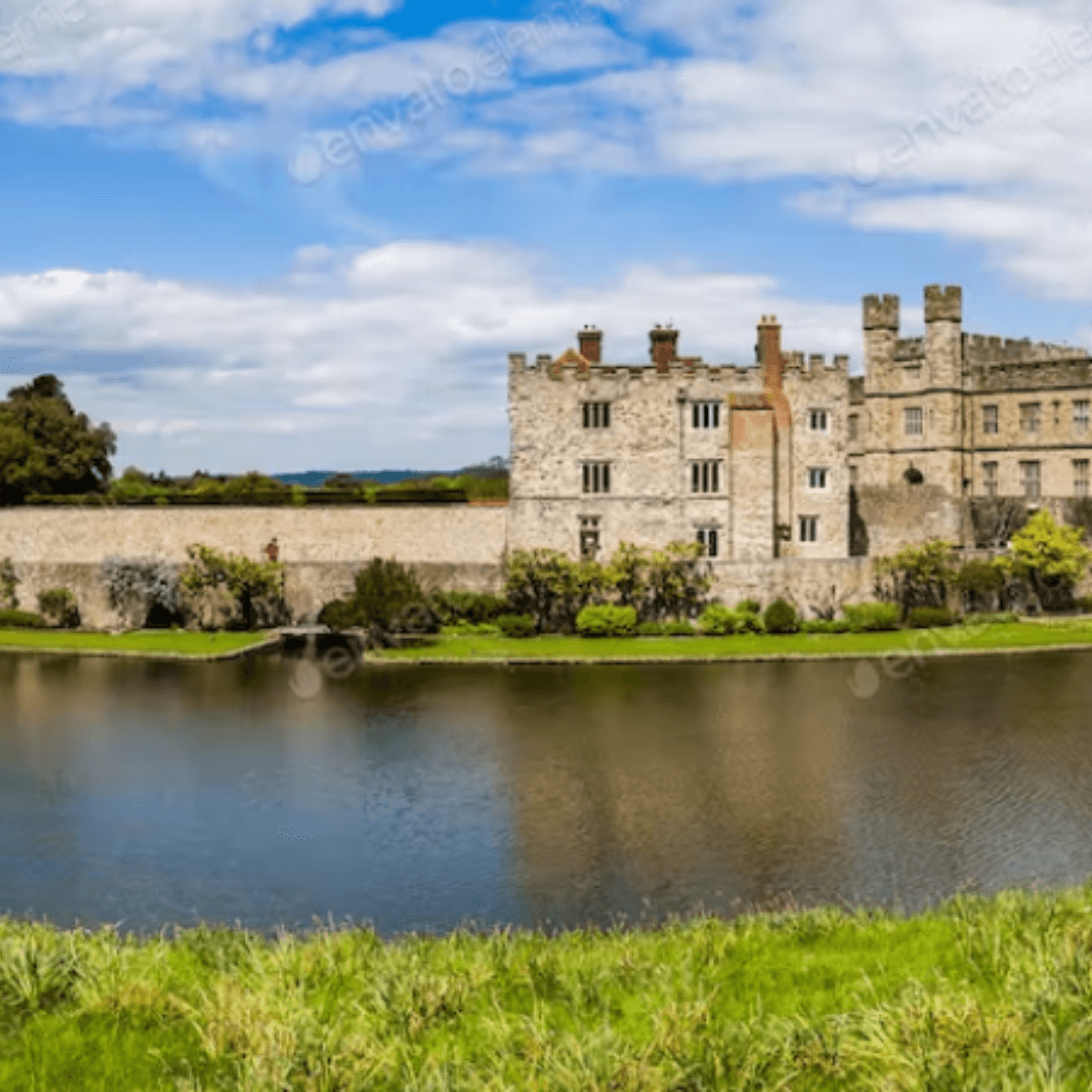 A stone castle with multiple towers, surrounded by a moat, a grassy area in the foreground, and a partly cloudy sky. - Home Instead