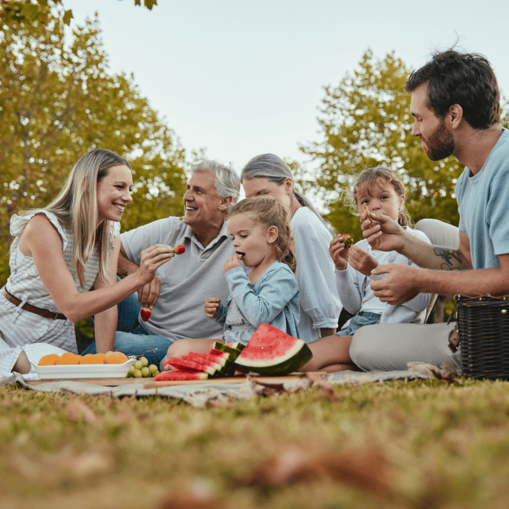A family of six enjoys a picnic outdoors, sharing fruit and watermelon slices on a grassy area with trees in the background. - Home Instead