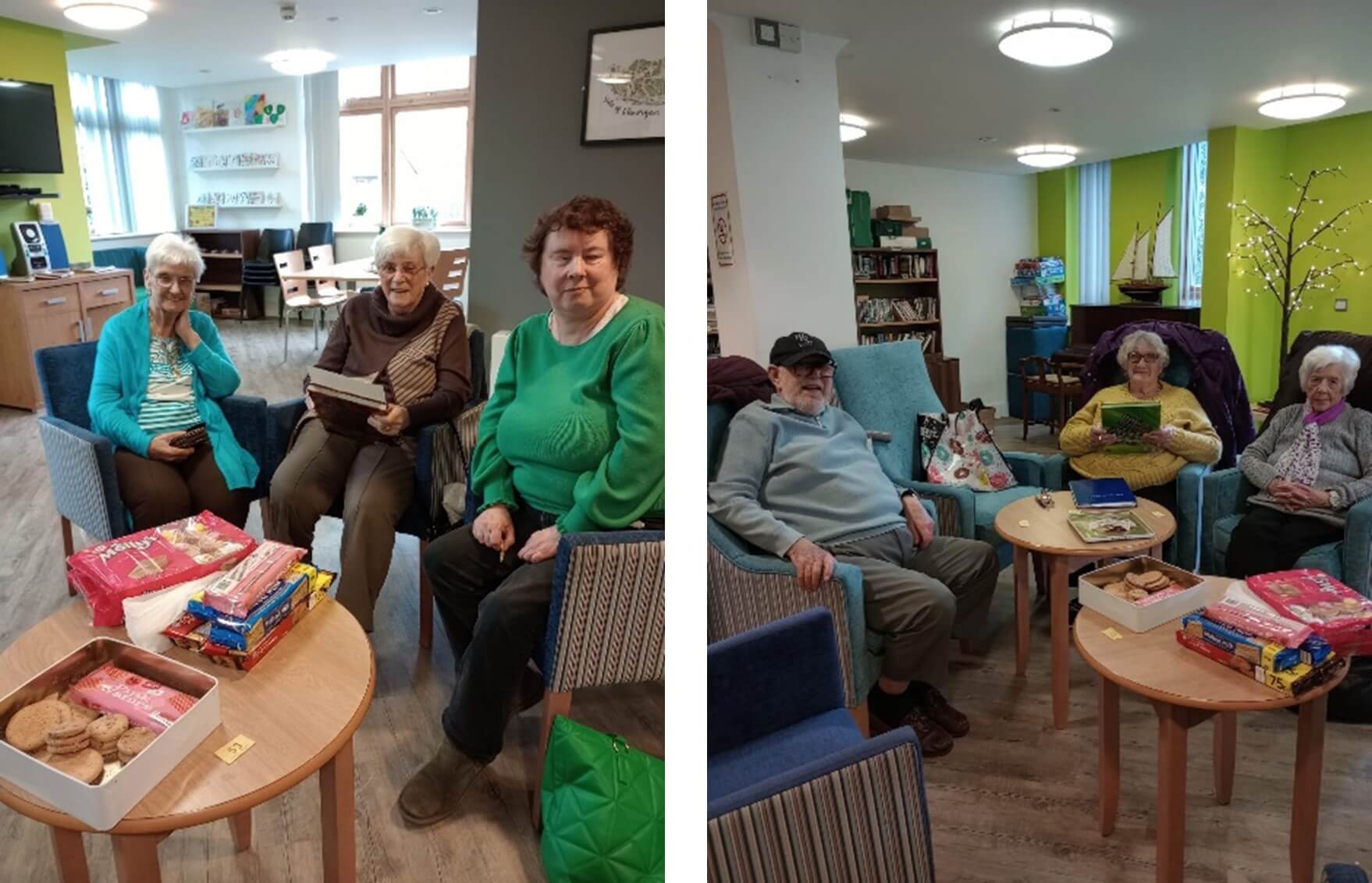 Groups of elderly people seated around tables with snacks and books in a cozy, brightly lit room. - Home Instead