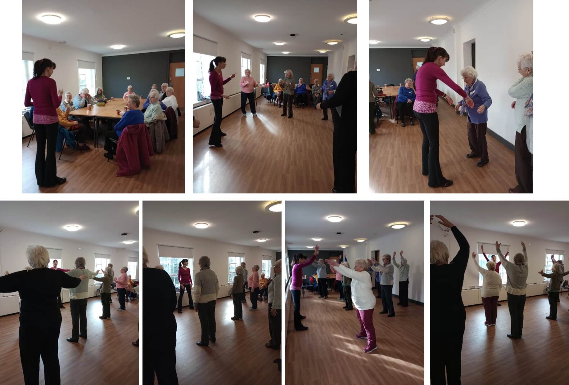 Older adults participating in a seated and standing exercise class in a well-lit room with wooden floors. - Home Instead