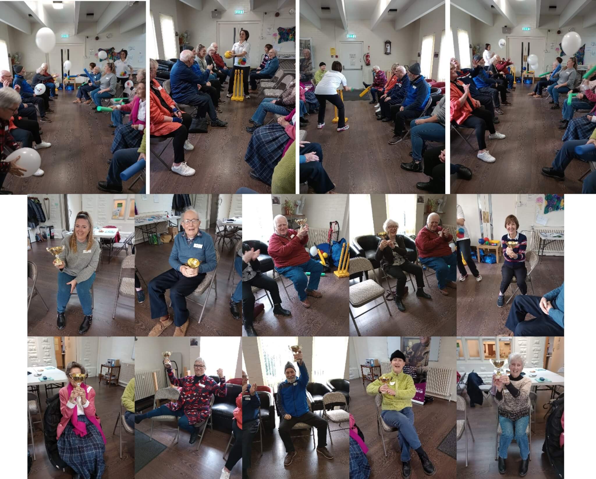 People in a room sitting in chairs, engaging in activities, some holding balloons and small objects, in a collage format. - Home Instead