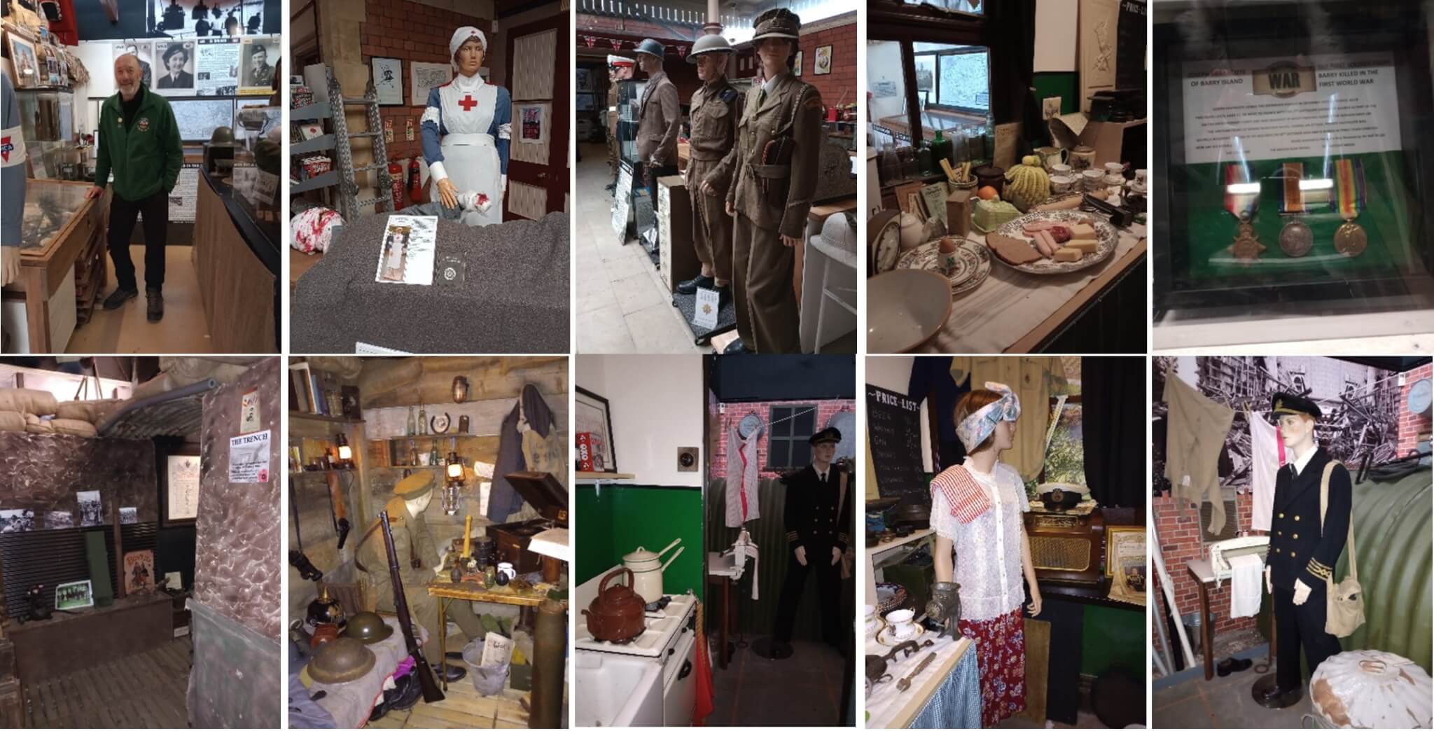 A collage of museum displays, featuring military uniforms, historical artifacts, mannequins, and various exhibits. - Home Instead
