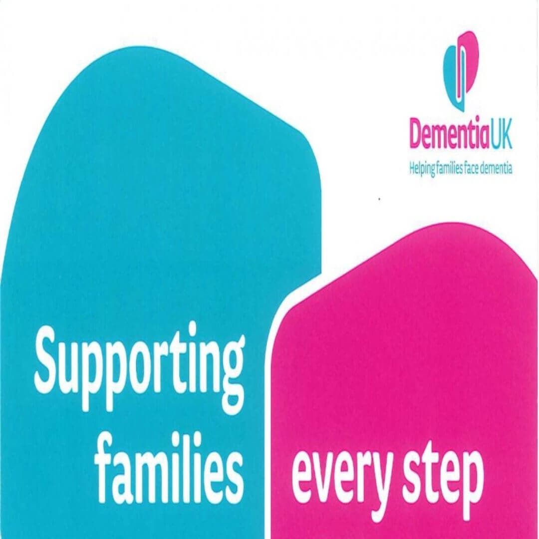 Blue and pink graphic with text: "Supporting families every step" and Dementia UK logo in the top right corner. - Home Instead