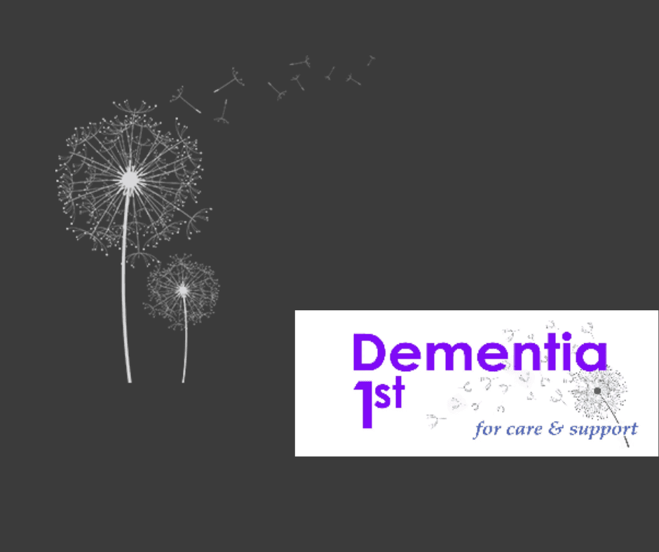Dandelion seeds blowing in the wind; text: "Dementia 1st for care & support" in purple and blue on white background. - Home Instead