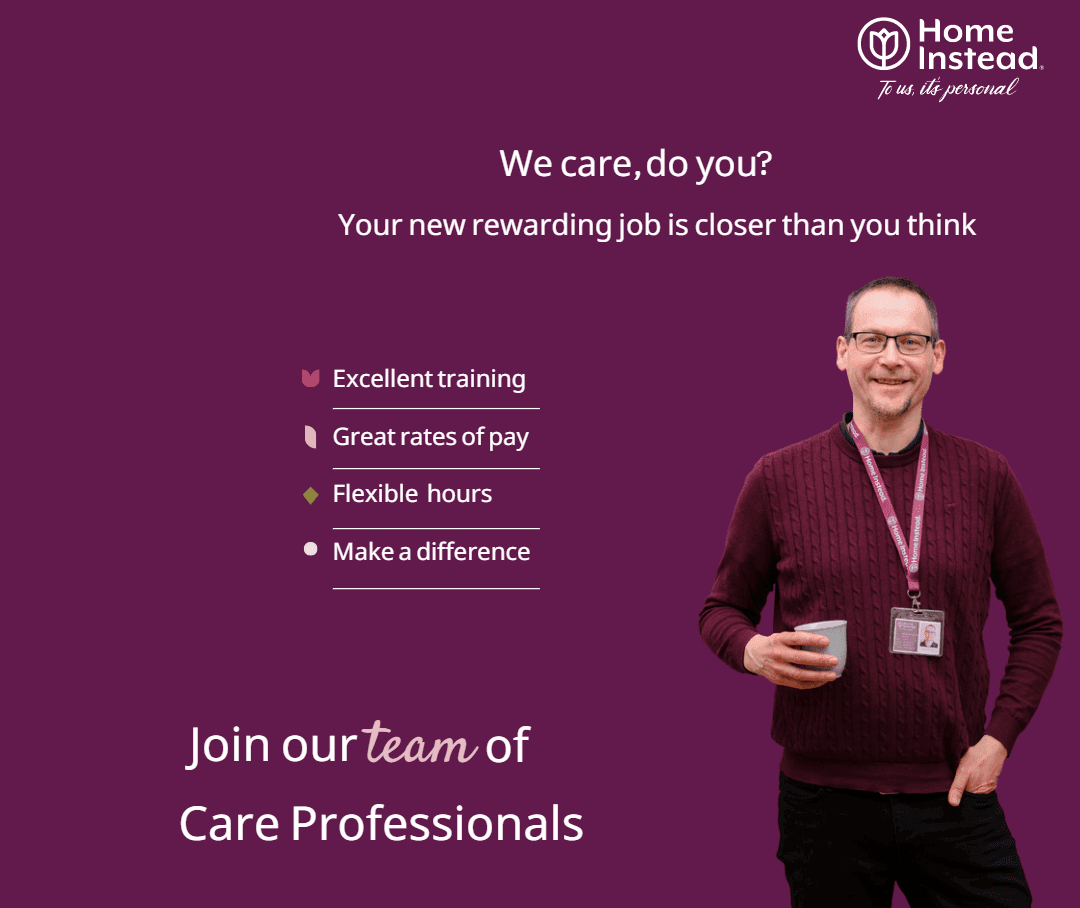 Man holding a cup stands on the right with text promoting job benefits at Home Instead on a purple background. - Home Instead