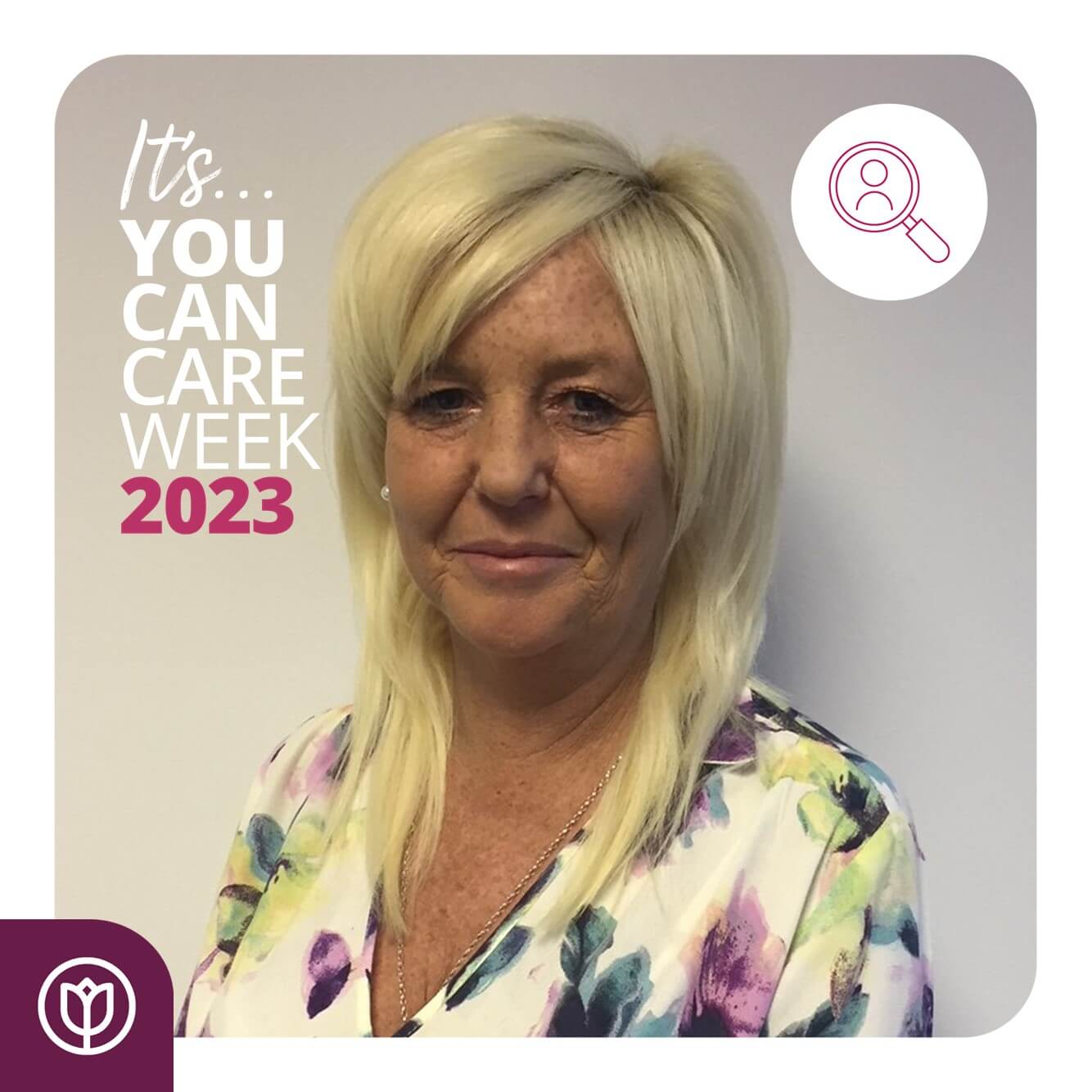A woman with blond hair smiling, promoting "You Can Care Week 2023" with a text and magnifying glass icon. - Home Instead
