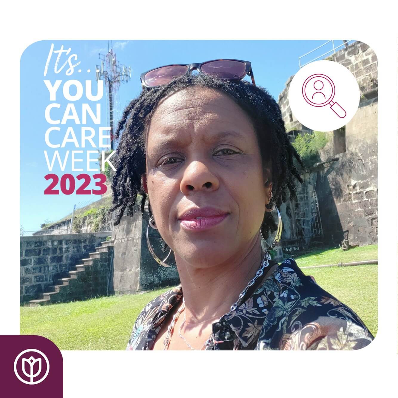 A woman outdoors with sunglasses on her head, framed text reads "It's YOU CARE WEEK 2023" with a magnifying glass icon. - Home Instead