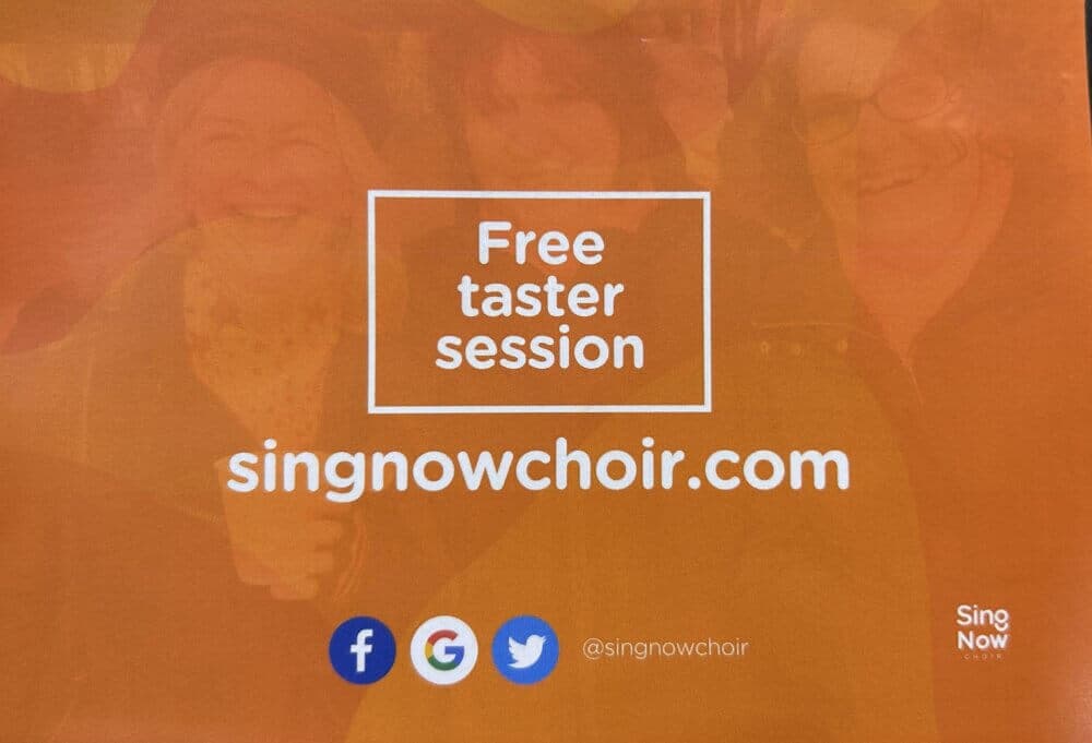 Home Instead Basingstoke picture of online advertisement for free taster session with Sing Now Choir in Basingstoke, with website address and links to Facebook, Google and Twitter