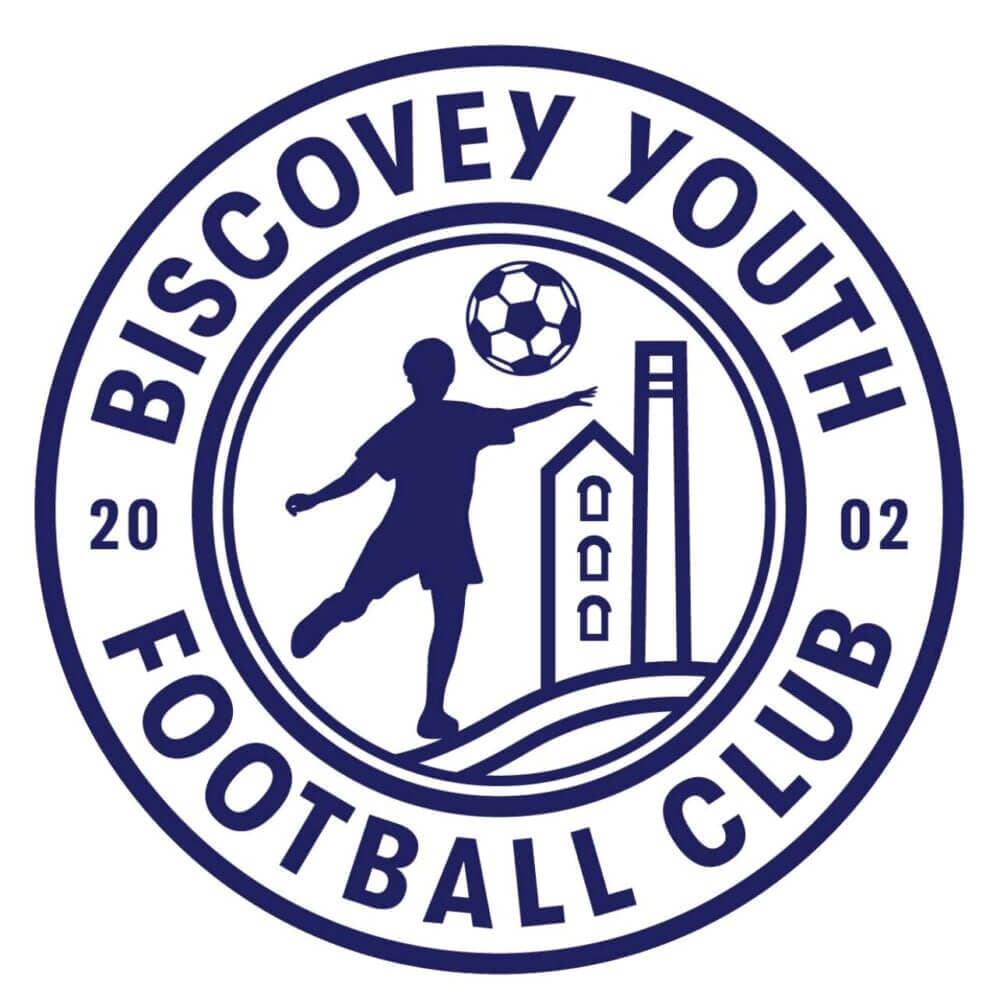 Biscovey Youth Football Club logo featuring a player kicking a soccer ball with a building in the background. - Home Instead