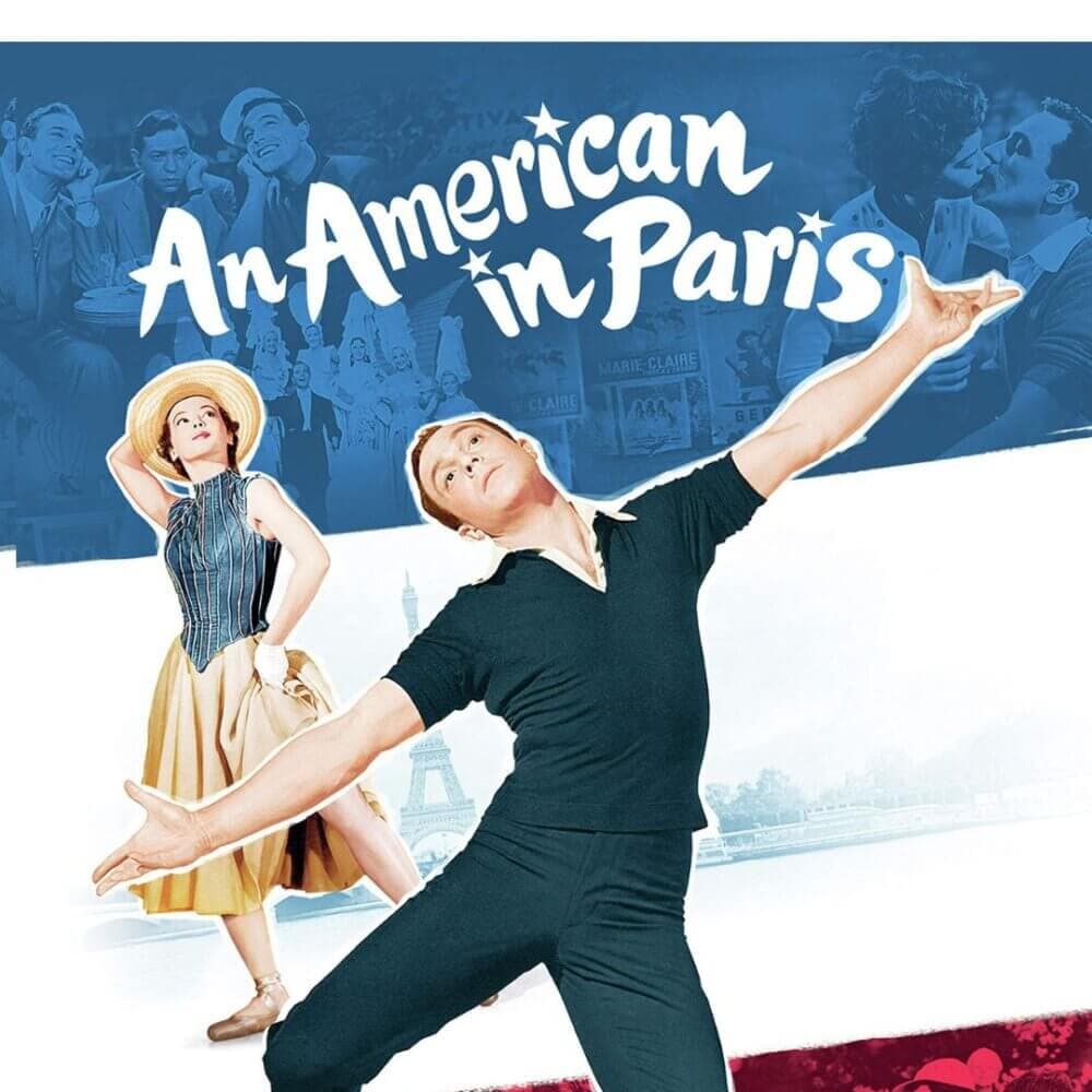 A man in a dance pose and a woman in a hat featured on a poster for "An American in Paris" film. - Home Instead