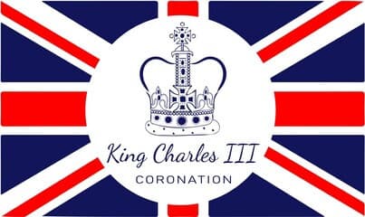 Union Jack flag with a crown in the center, text reads "King Charles III Coronation". - Home Instead