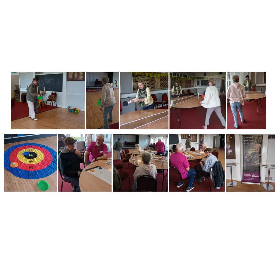 A group of elderly people engaging in various indoor activities including table tennis, archery, and board games. - Home Instead