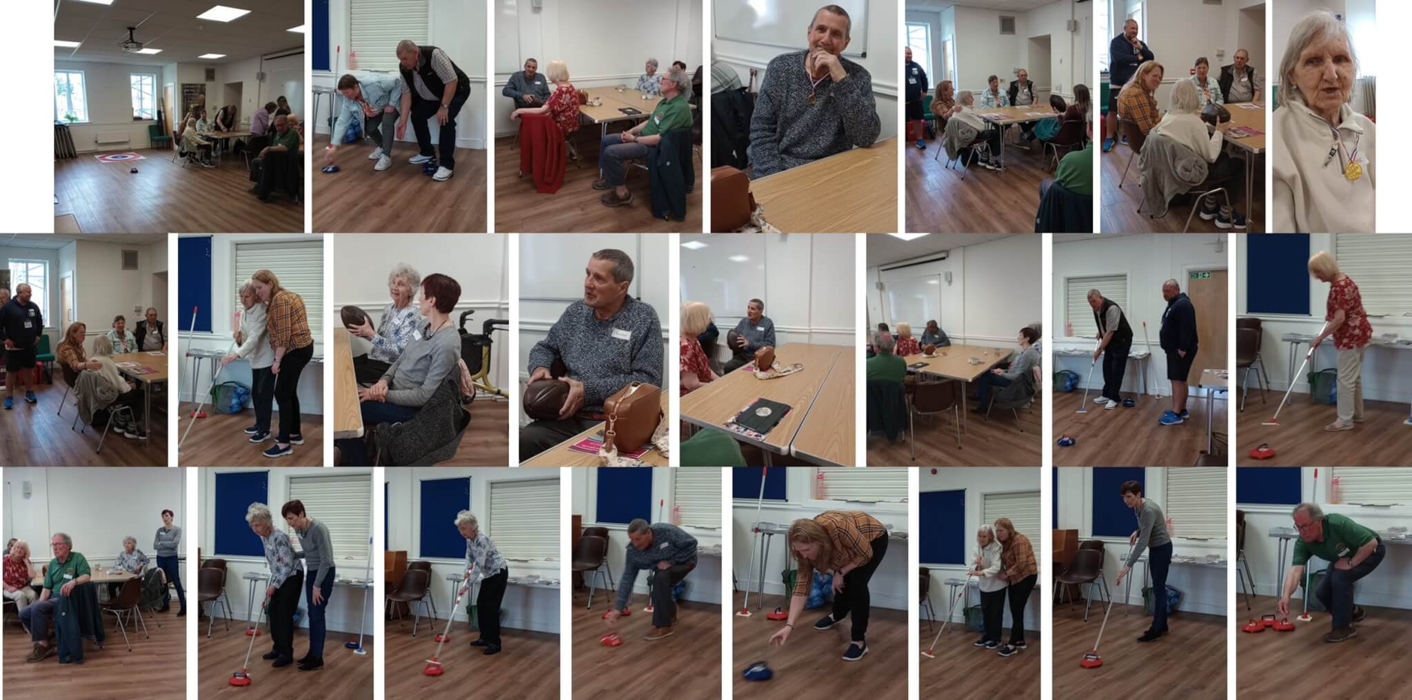 Collage of seniors engaging in indoor games, socializing, and dining in a community center setting. - Home Instead