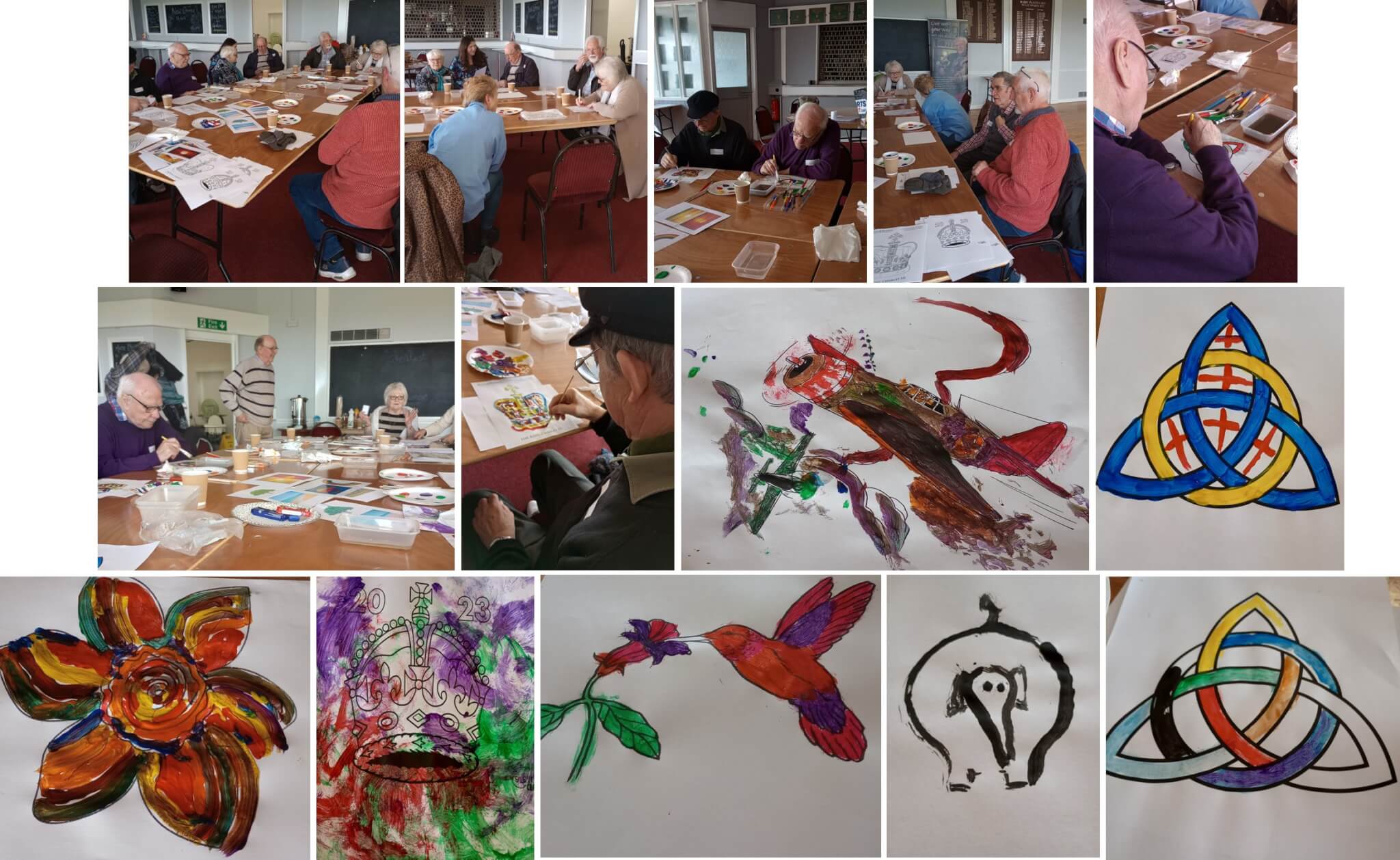 People sitting at a table painting stained glass designs; examples include floral patterns, birds, and Celtic knots. - Home Instead