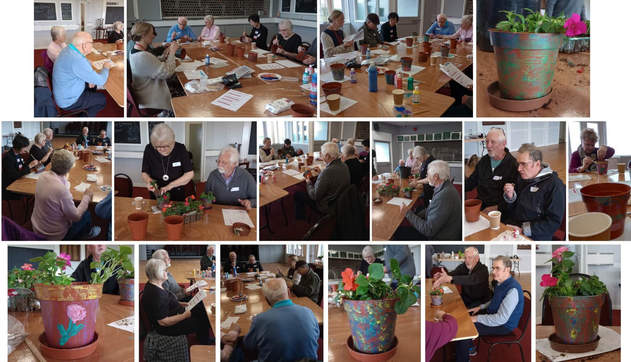 Seniors painting flower pots and planting flowers at a community event, sitting around tables in a bright room. - Home Instead