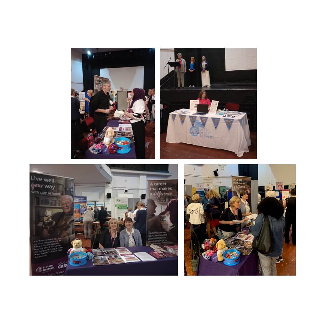 Collage of people at a community event with information booths, banner displays, and a stage presentation. - Home Instead