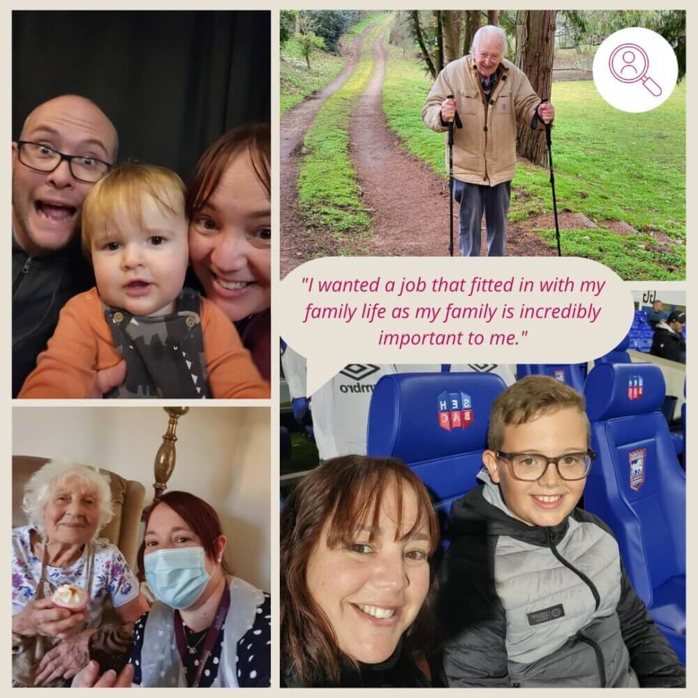 Collage of joyful family moments, elderly man walking, mother and child, woman with an elderly lady, and stadium visit. - Home Instead