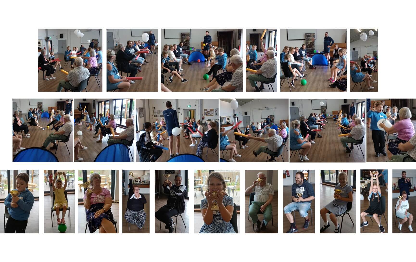 A group of people, including children and adults, engaging in various activities and games in a communal setting. - Home Instead