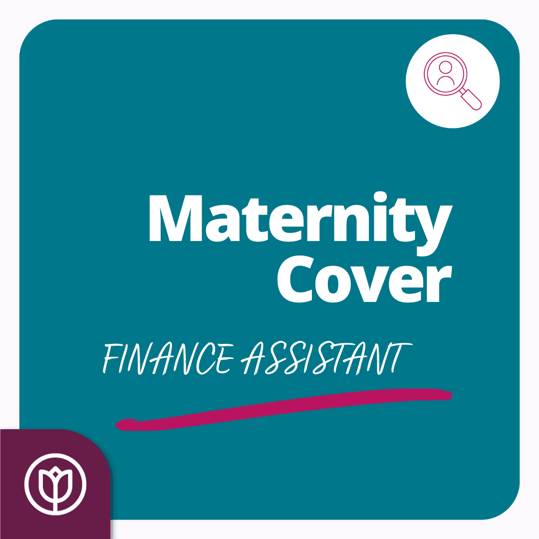 Teal background with text: "Maternity Cover, Finance Assistant" written in white and pink. Icons of a magnifying glass and a flower. - Home Instead