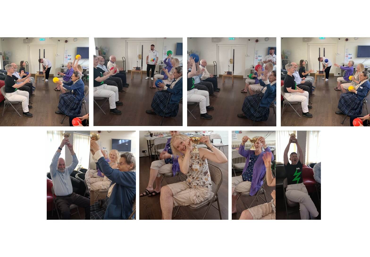 A group of elderly people sitting in chairs, engaging in a fun activity with colorful balloon-like objects. - Home Instead
