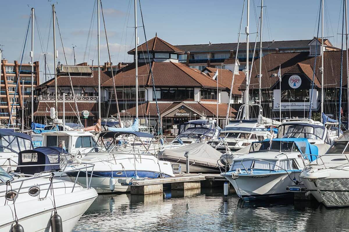 A marina filled with various types of boats, with buildings and a cloudy sky in the background. - Home Instead