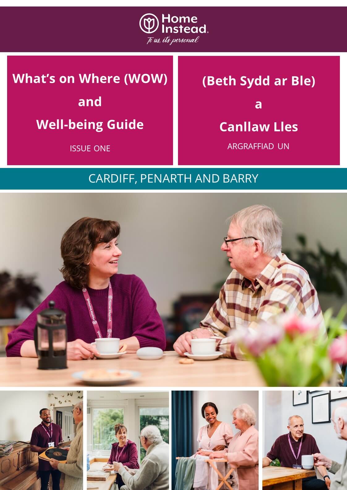 Cover of the "What’s on Where and Well-being Guide" for Cardiff, Penarth, and Barry from Home Instead with elderly care images. - Home Instead
