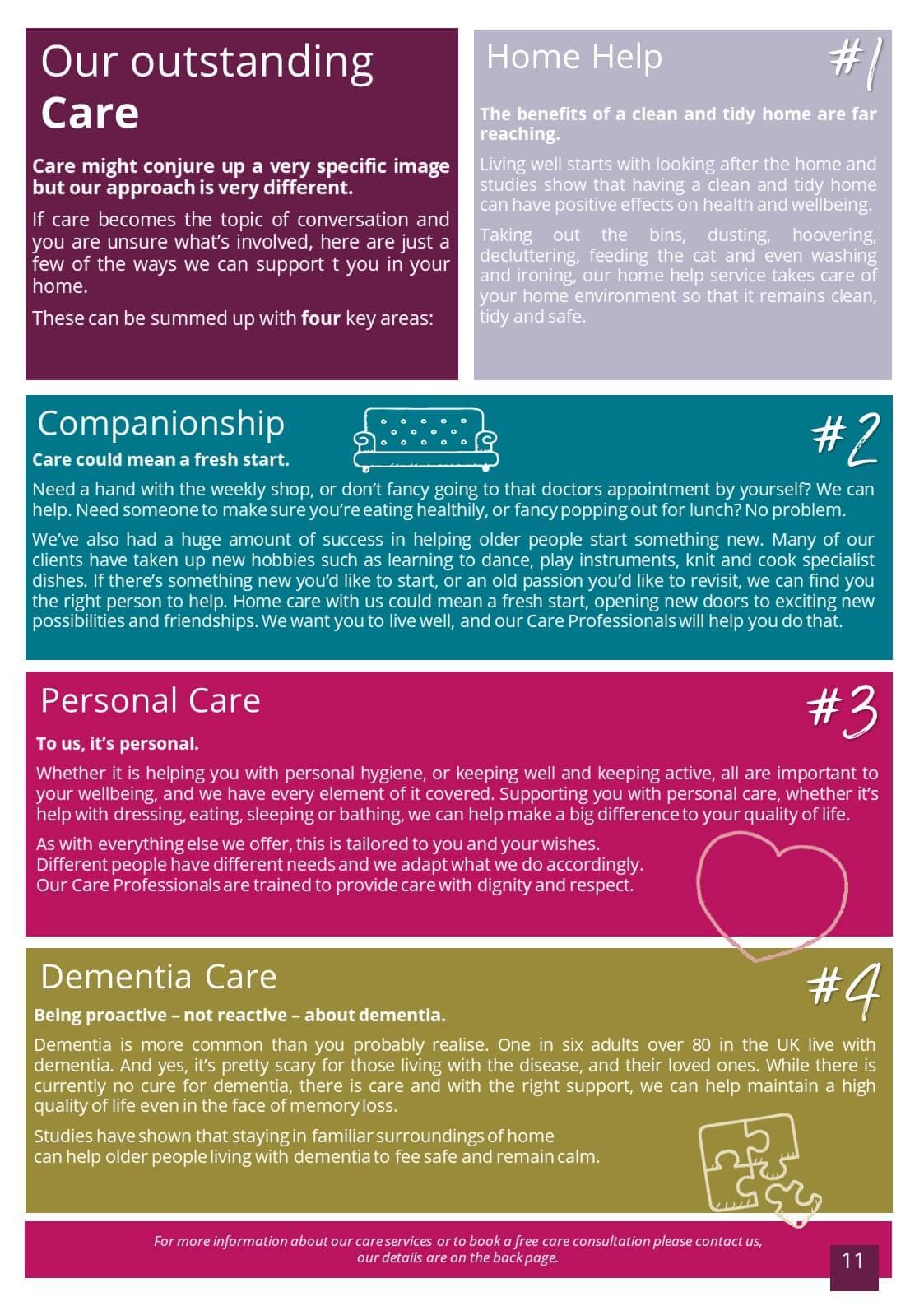 Informational flyer with sections on Home Help, Companionship, Personal Care, and Dementia Care services in different colors. - Home Instead