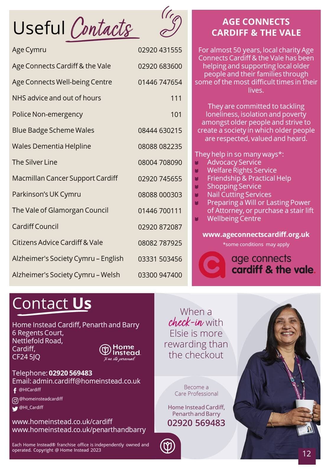 An information poster for Age Connects Cardiff & the Vale with contact details and services provided, alongside a helpline list. - Home Instead
