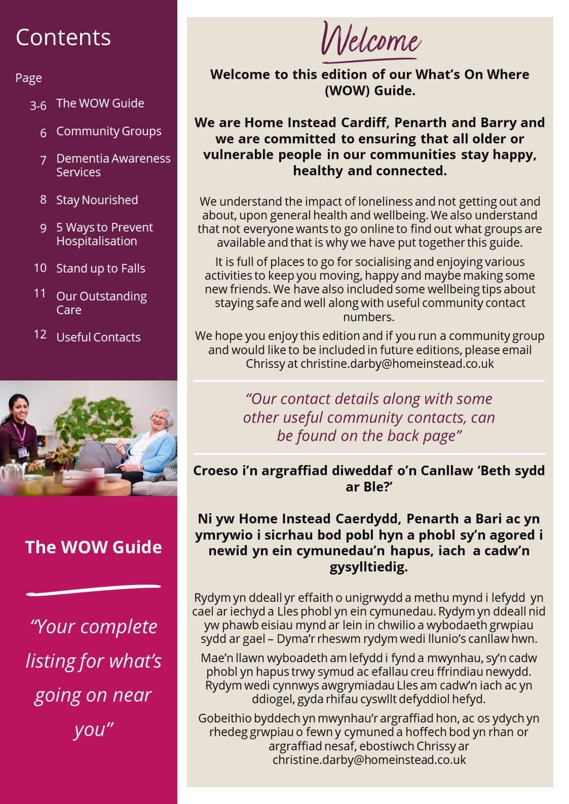 Welcome page of a "What's On Where" guide with sections listing activities and support for older adults in the community. - Home Instead