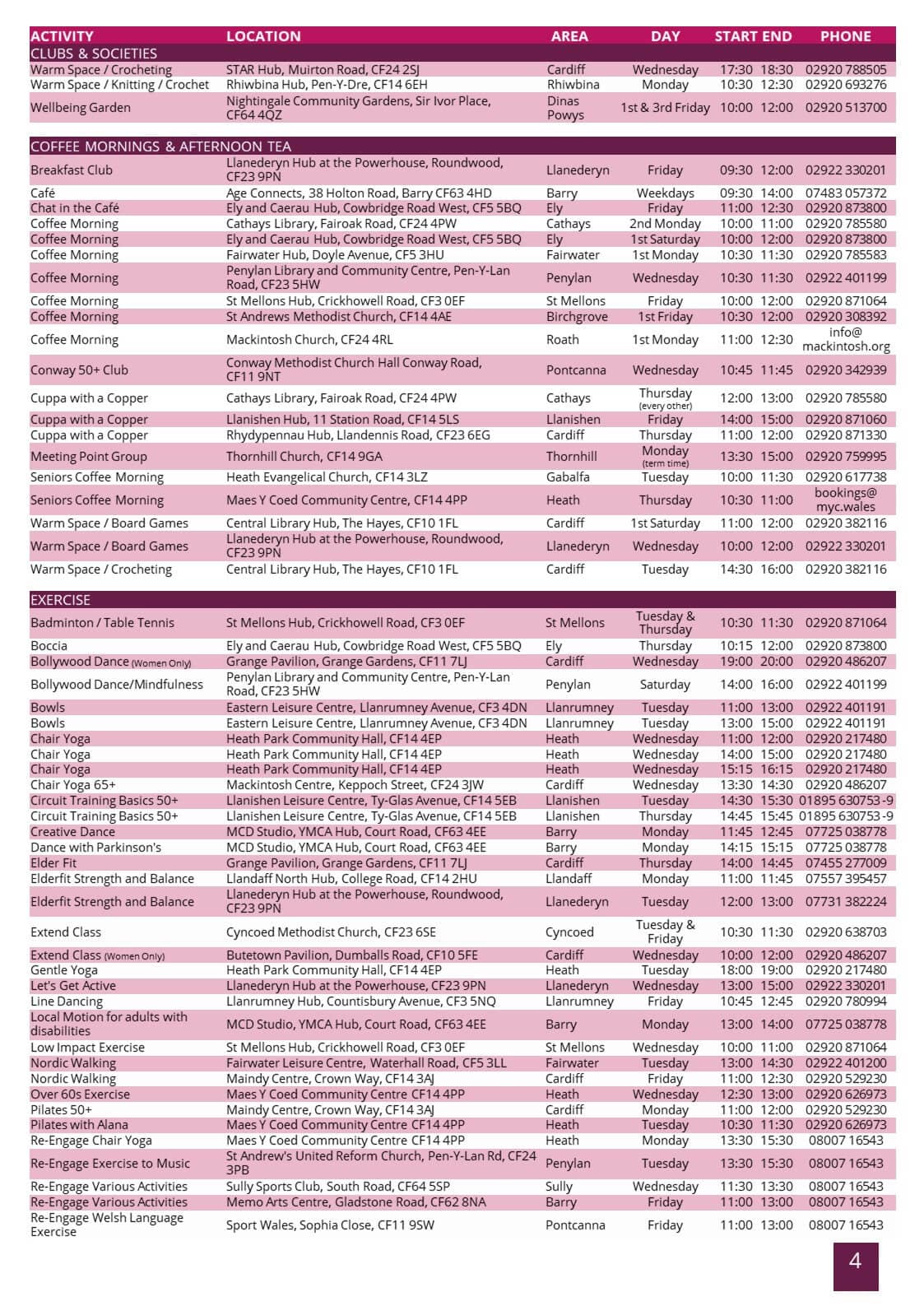 A pink-themed timetable listing various clubs, societies, and coffee mornings with their locations, days, times, and contact numbers. - Home Instead