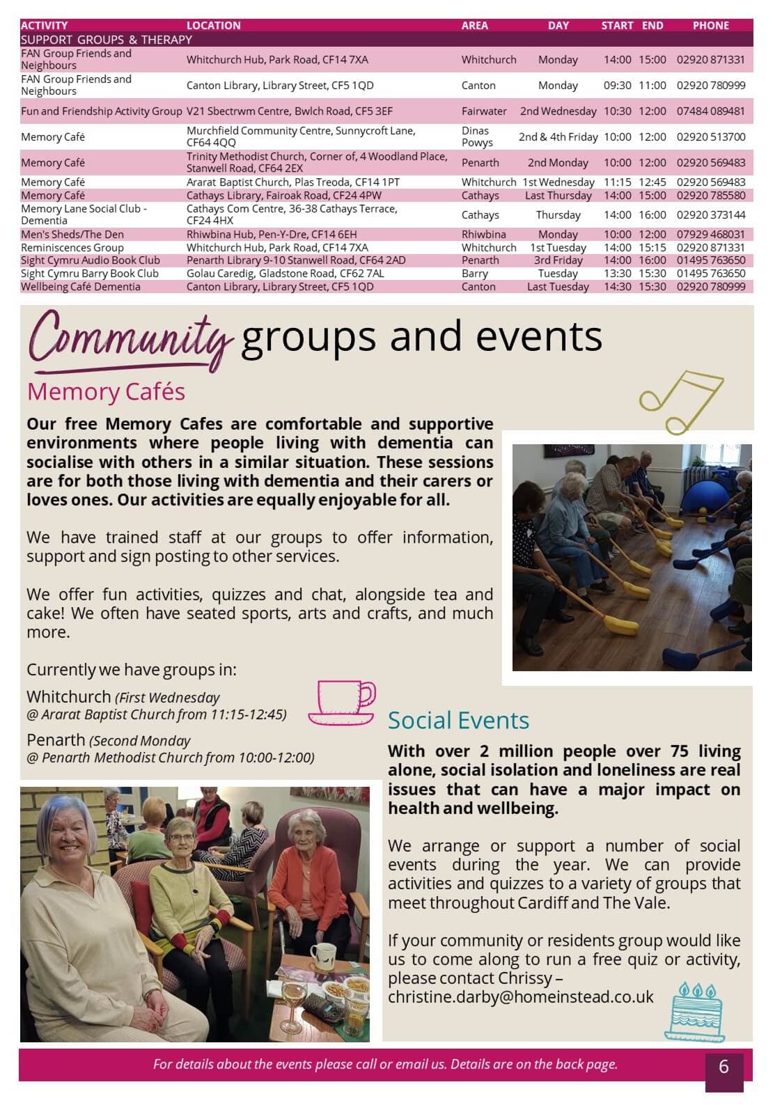A flyer detailing various community groups and events for people living with dementia and their caregivers. - Home Instead
