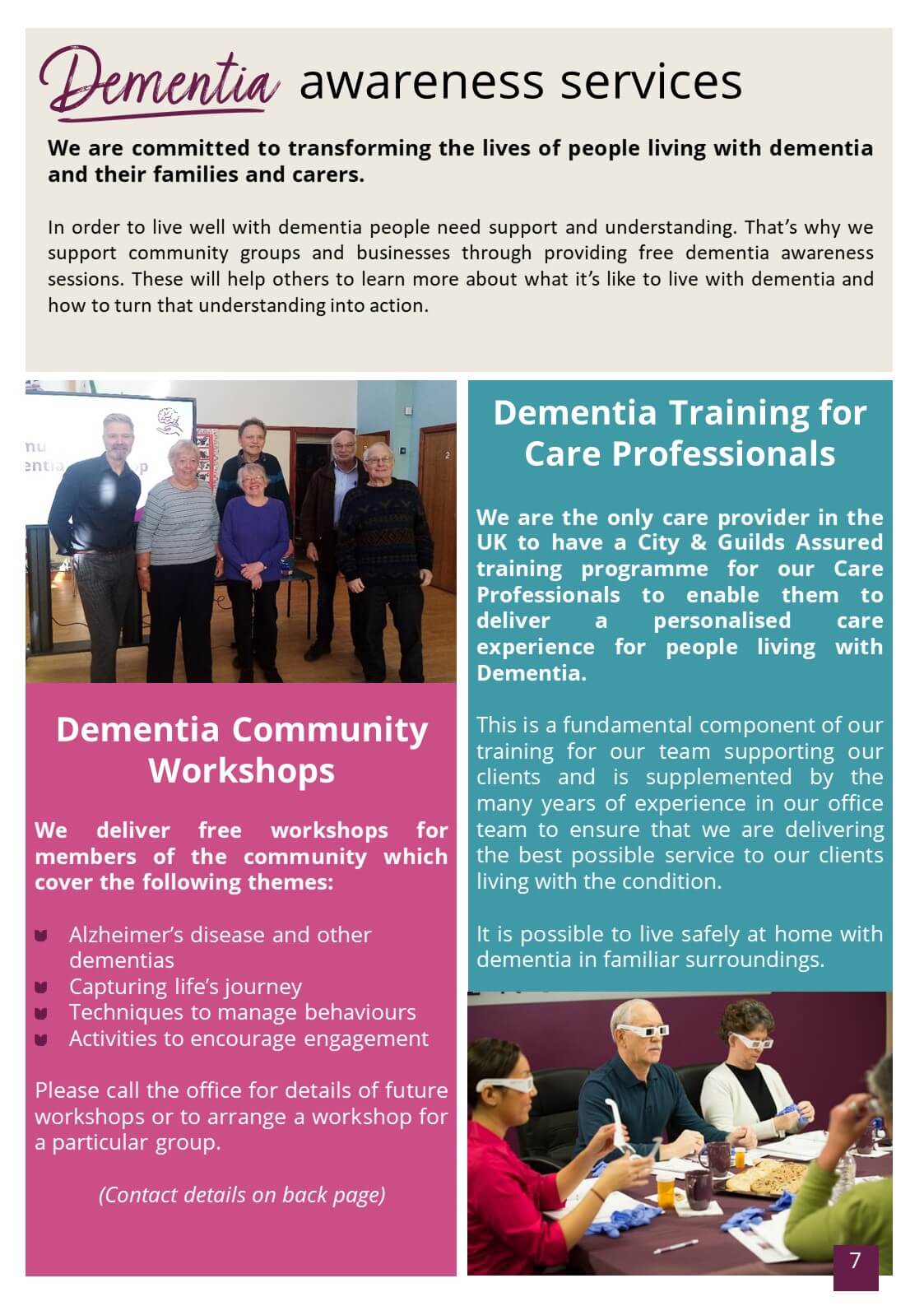 Flyer for dementia awareness services. Contains sections on community workshops and training for care professionals. - Home Instead